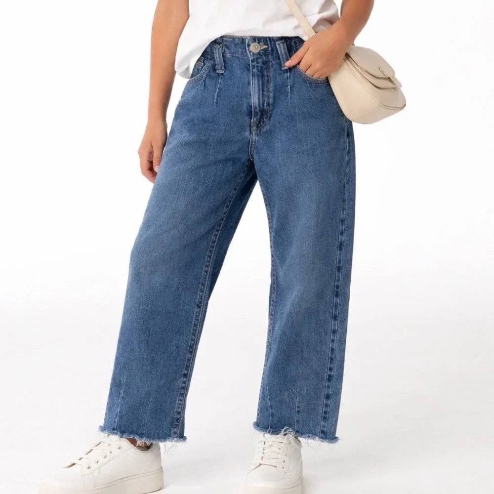 Polo Ralph‎ Lauren Girls Pleated Wide Leg Jeans Medium Wash Raw Hem Size 10 M2